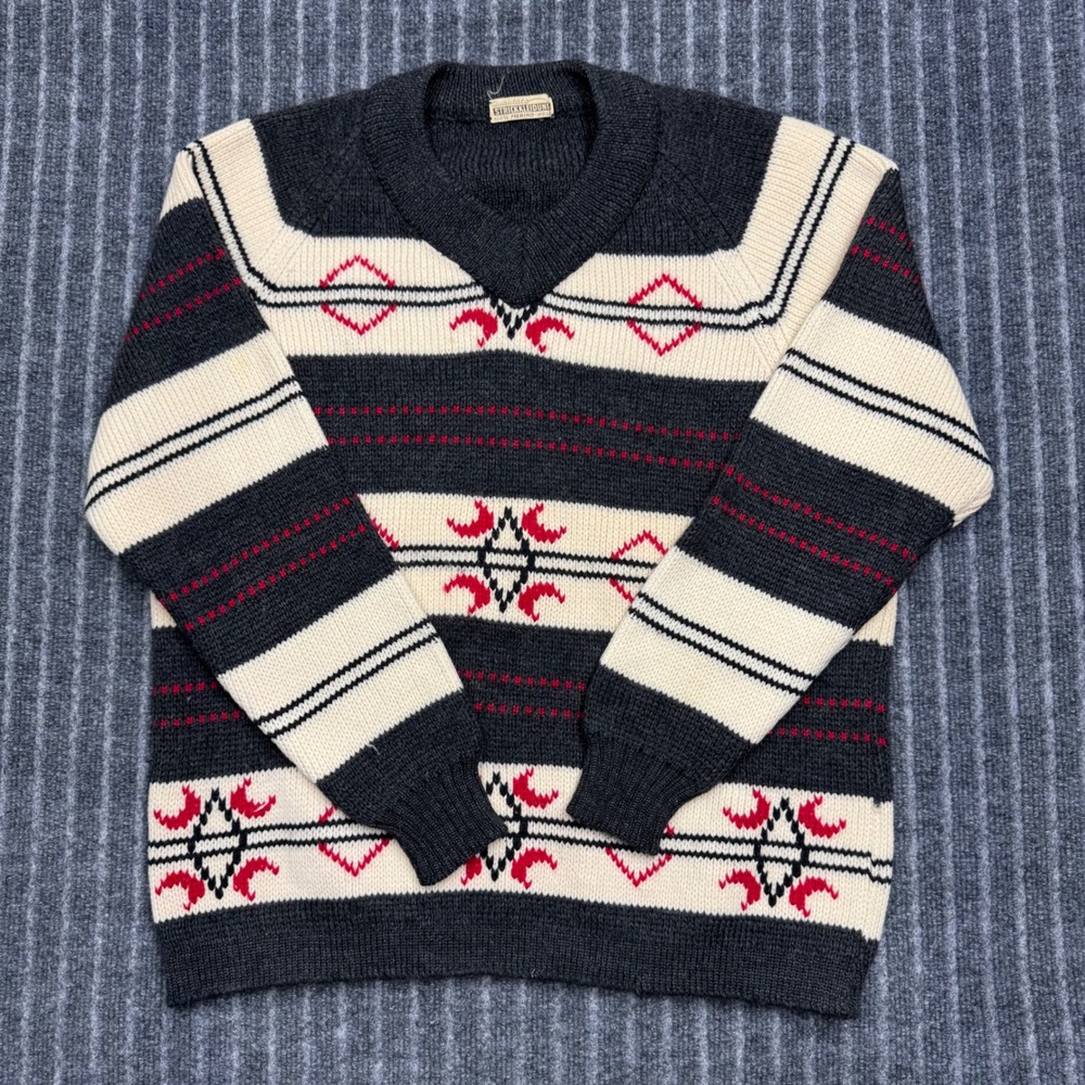 Strickkleidung Merino Wool Sweater Large Grey Fair Isle Excellent Vintage (2176)